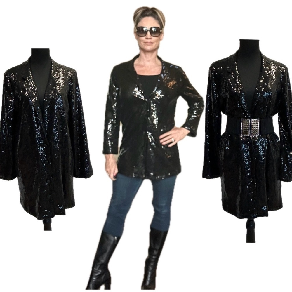 Black sequin sparkly long sleeve single breasted blazer jacket button front L🇨🇦